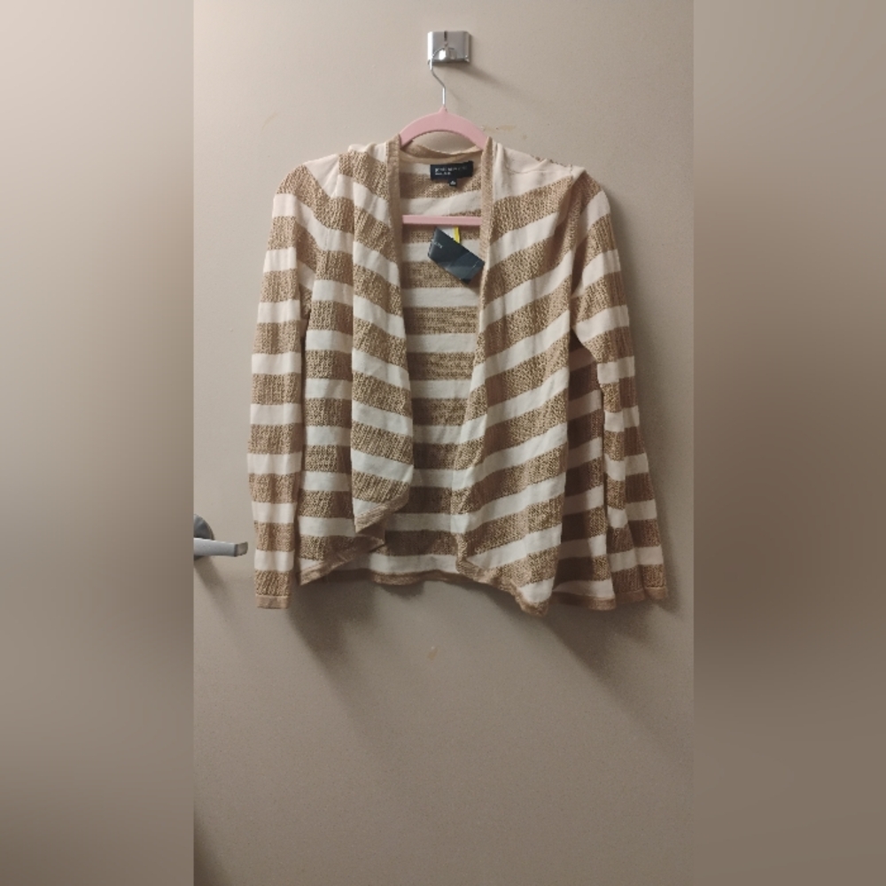 NWT Jones New York Tan And White Striped Cotton Blend Open Cardigan Sz M
